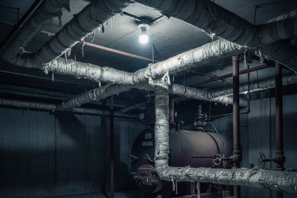 Basement steam pipe with old pipe wrap insulation (possible asbestos-containing material)