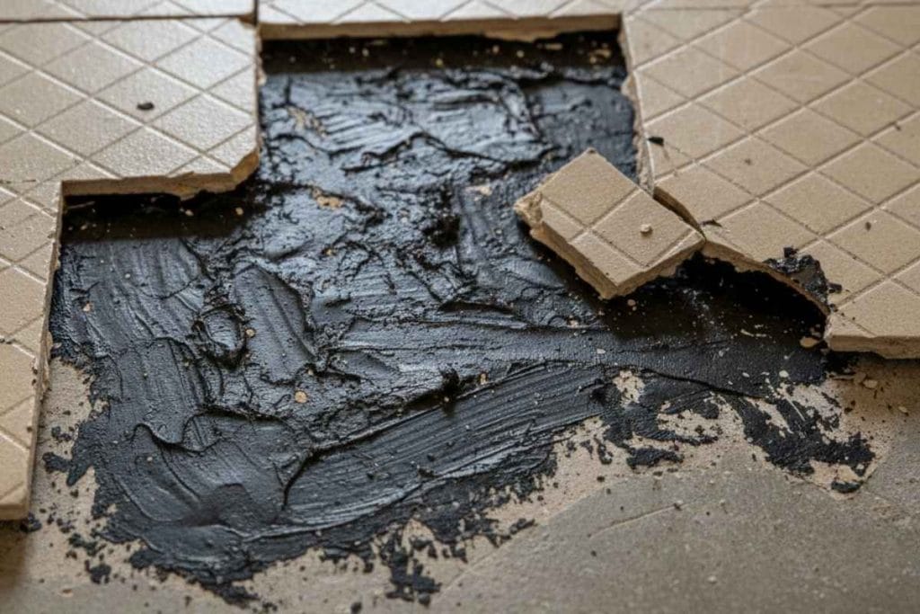 Old vinyl floor tiles with black mastic adhesive underneath (possible asbestos-containing material)