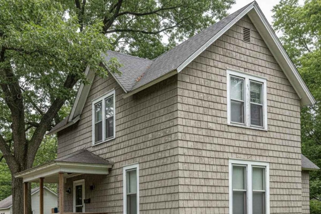 Older cement-style siding shingles on a home exterior (possible asbestos-containing material)