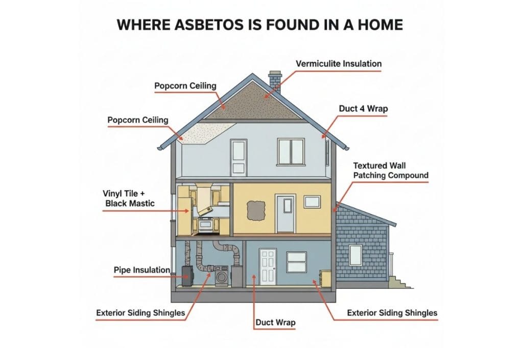 Infographic showing where asbestos is commonly found in an older home (ceilings, floors, pipes, attic, siding)