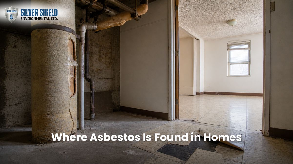Older home interior showing pipe insulation, damaged flooring, and textured ceiling areas where asbestos may be present
