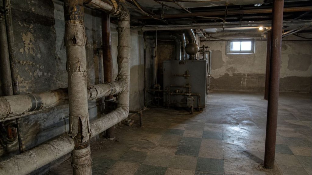 Aged basement with exposed pipes wrapped in old insulation near a boiler, a common location where asbestos may be found in older homes