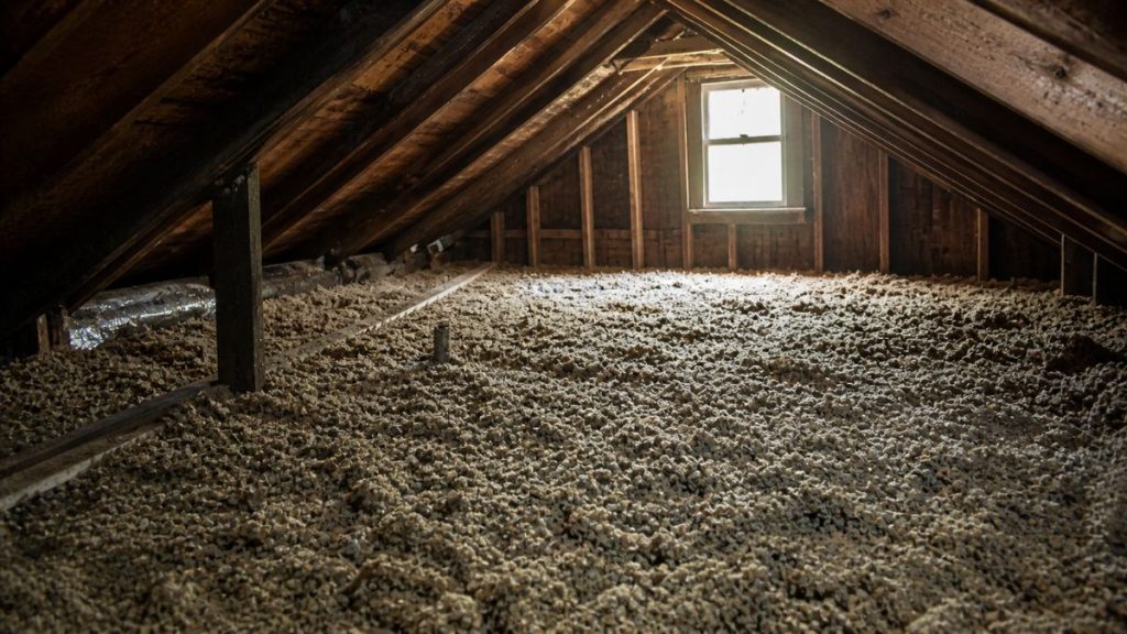 Old attic with loose-fill insulation covering the floor, a common location where asbestos may be found in older homes