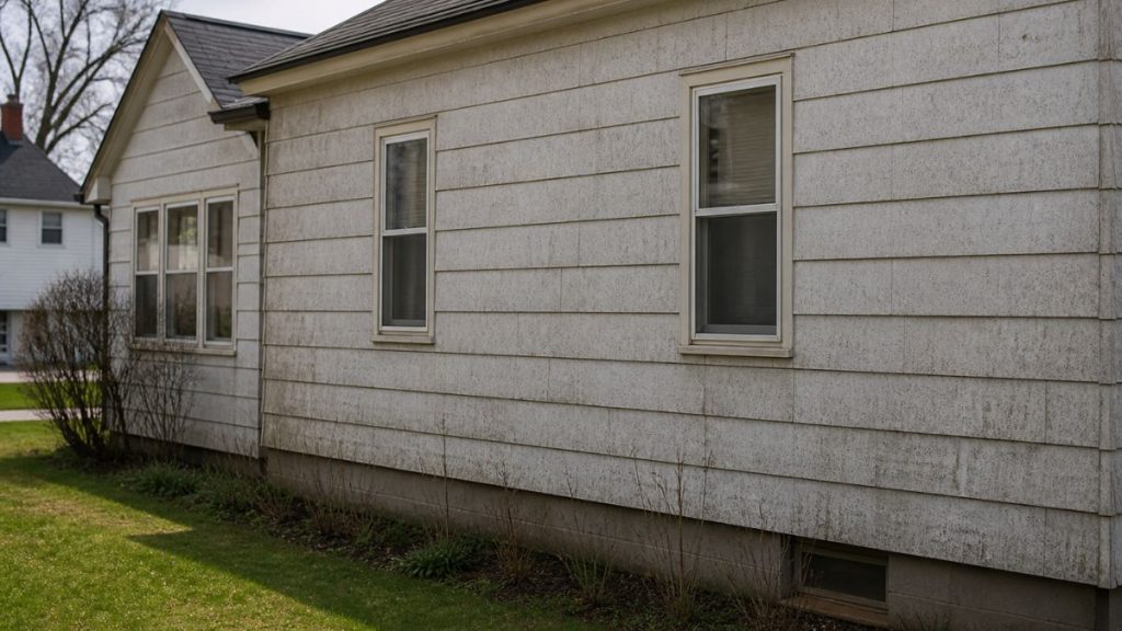 Old home exterior with cement siding panels, a common location where asbestos may be found in older houses