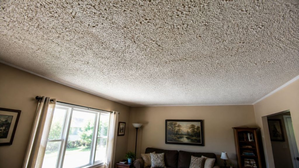 Living room with textured popcorn ceiling, a common area where asbestos may be found in older homes